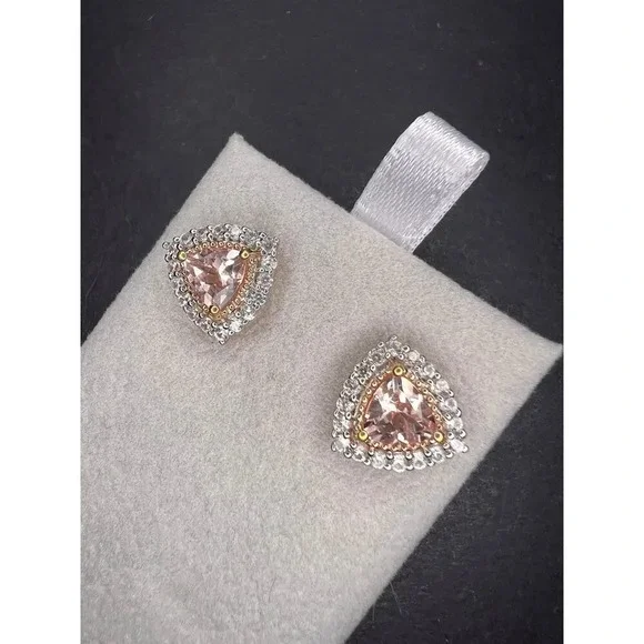 Morganite and zircon trillion halo rose gold over sterling stud earrings - Picture 10 of 10